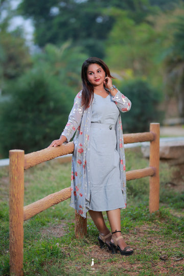 Grey Dress with Embroidered Floral Shrug