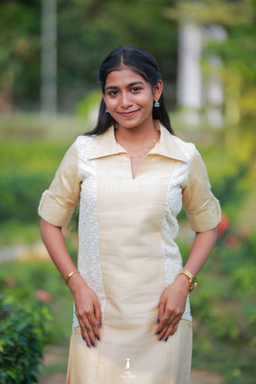 Champagne Gold Cotton Kurti with Embroidered Panels