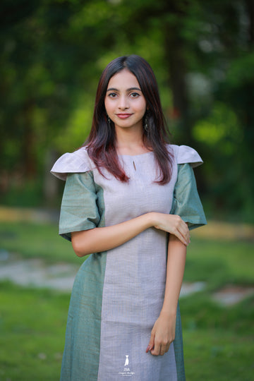 Sage Green & Grey Colorblock Flared Kurti Dress