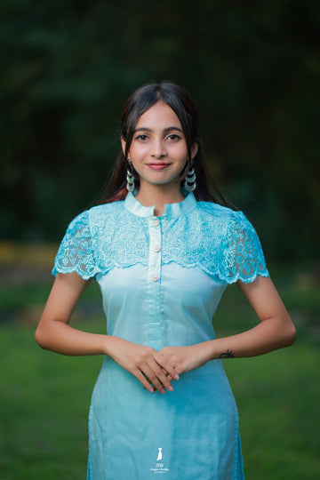 Sky Blue Mandarin Collar Kurti with Lace Cape Detail