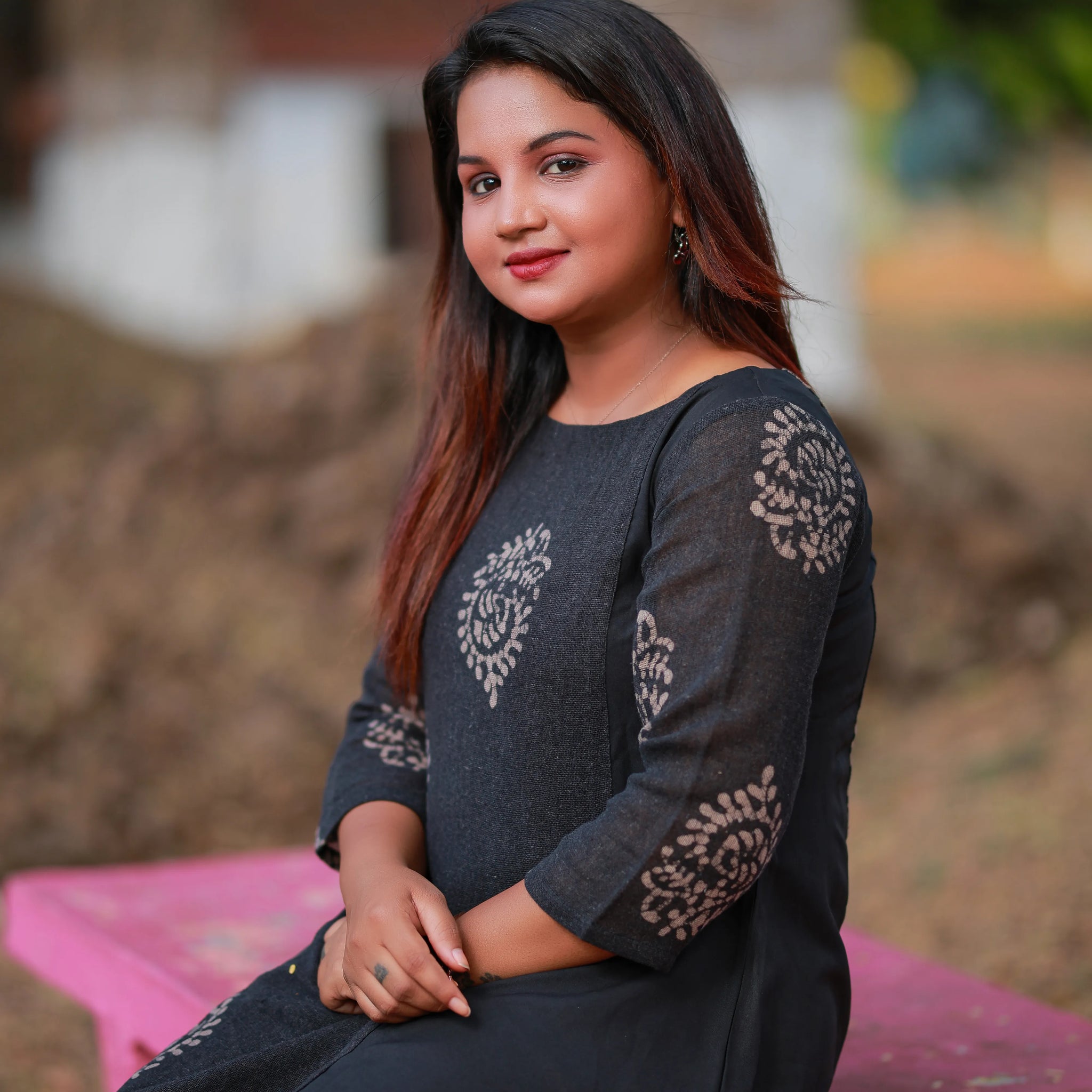 Black Kurti with Subtle Beige Motif