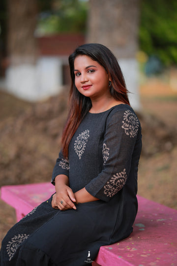 Black Kurti with Subtle Beige Motif