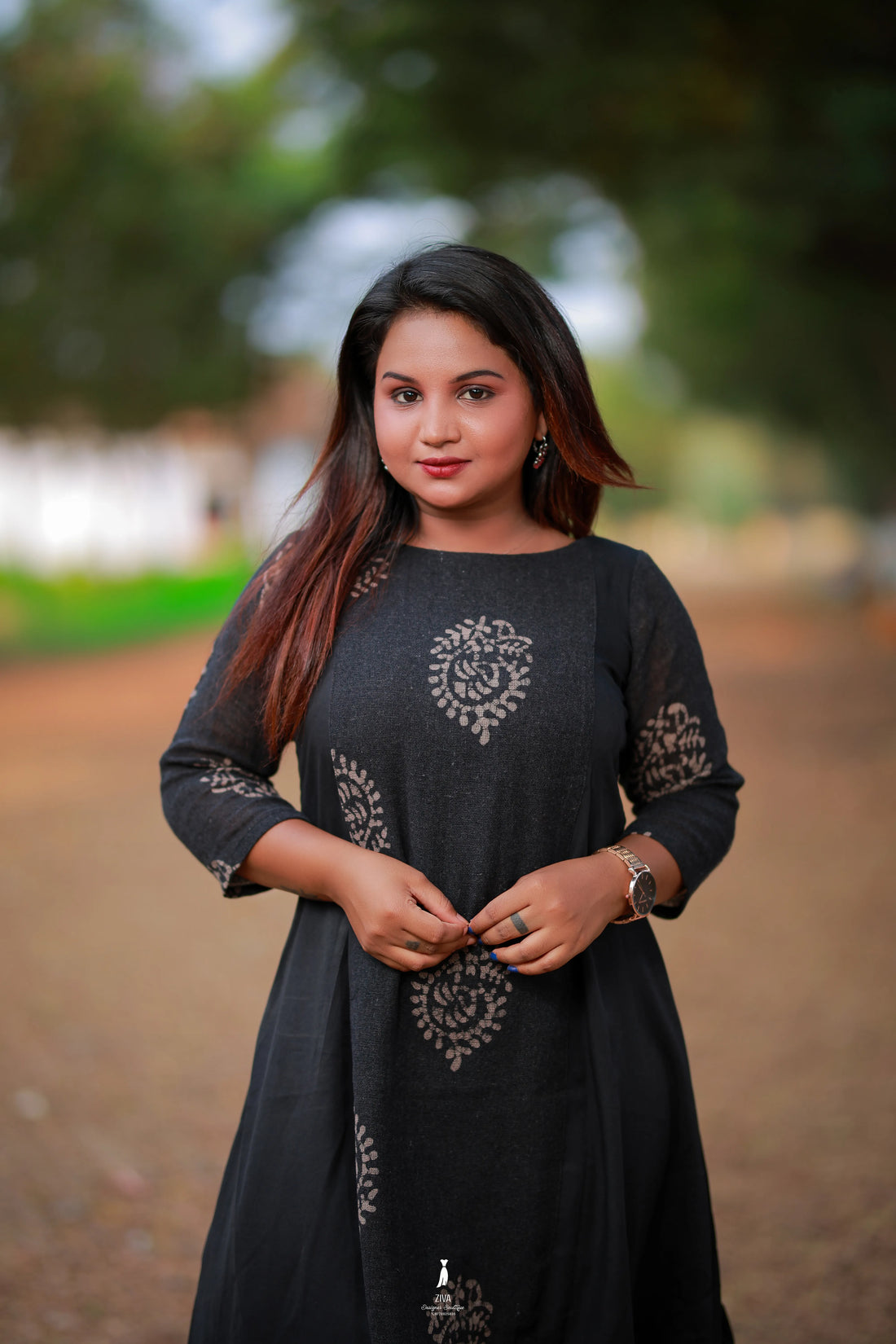 Black Kurti with Subtle Beige Motif