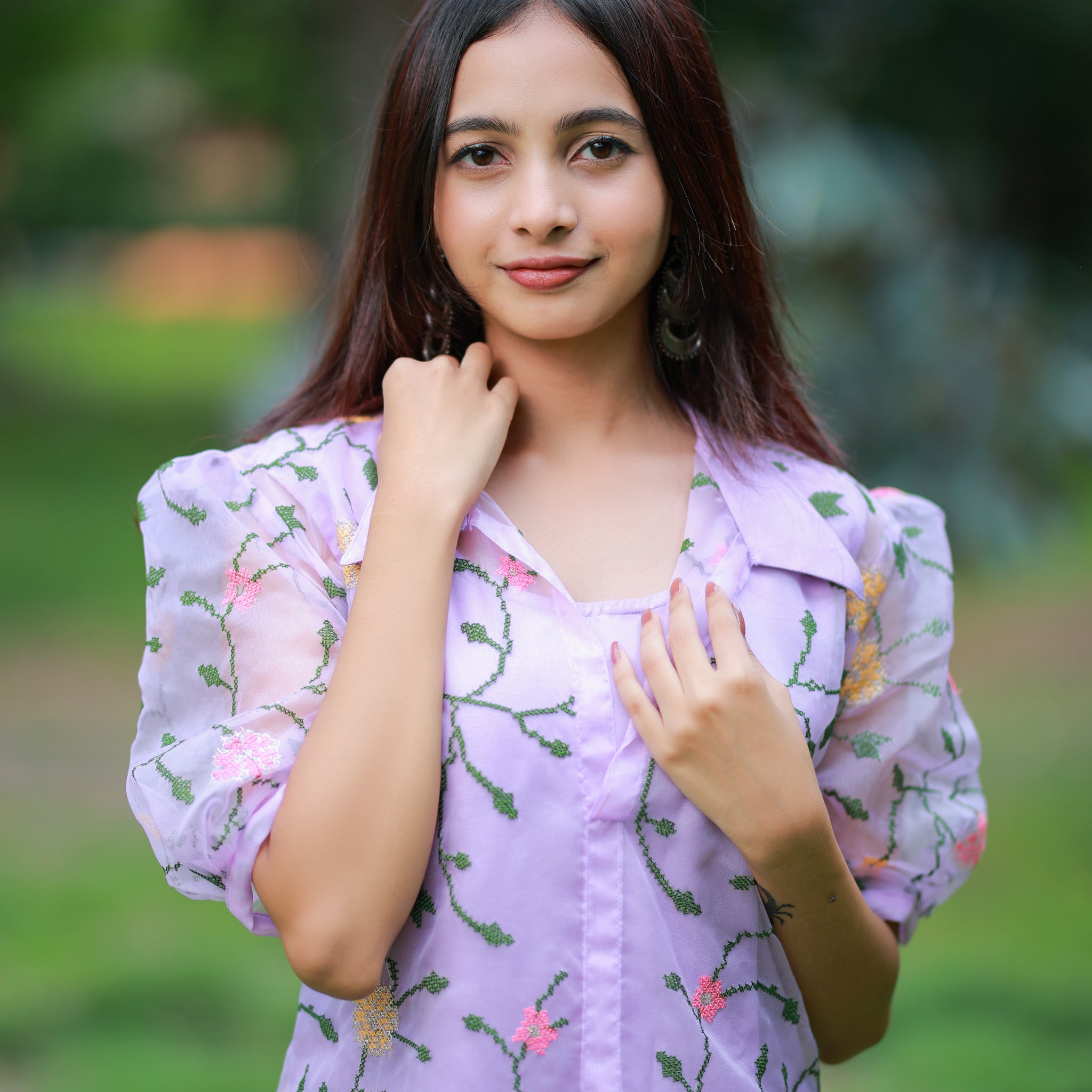 Pink Floral Kutch Embroidered Organza Top