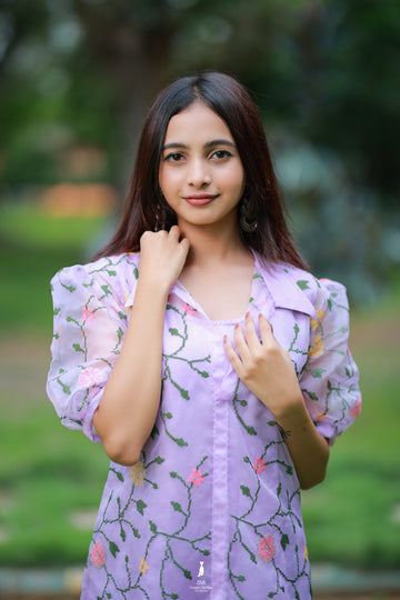 Pink Floral Kutch Embroidered Organza Top