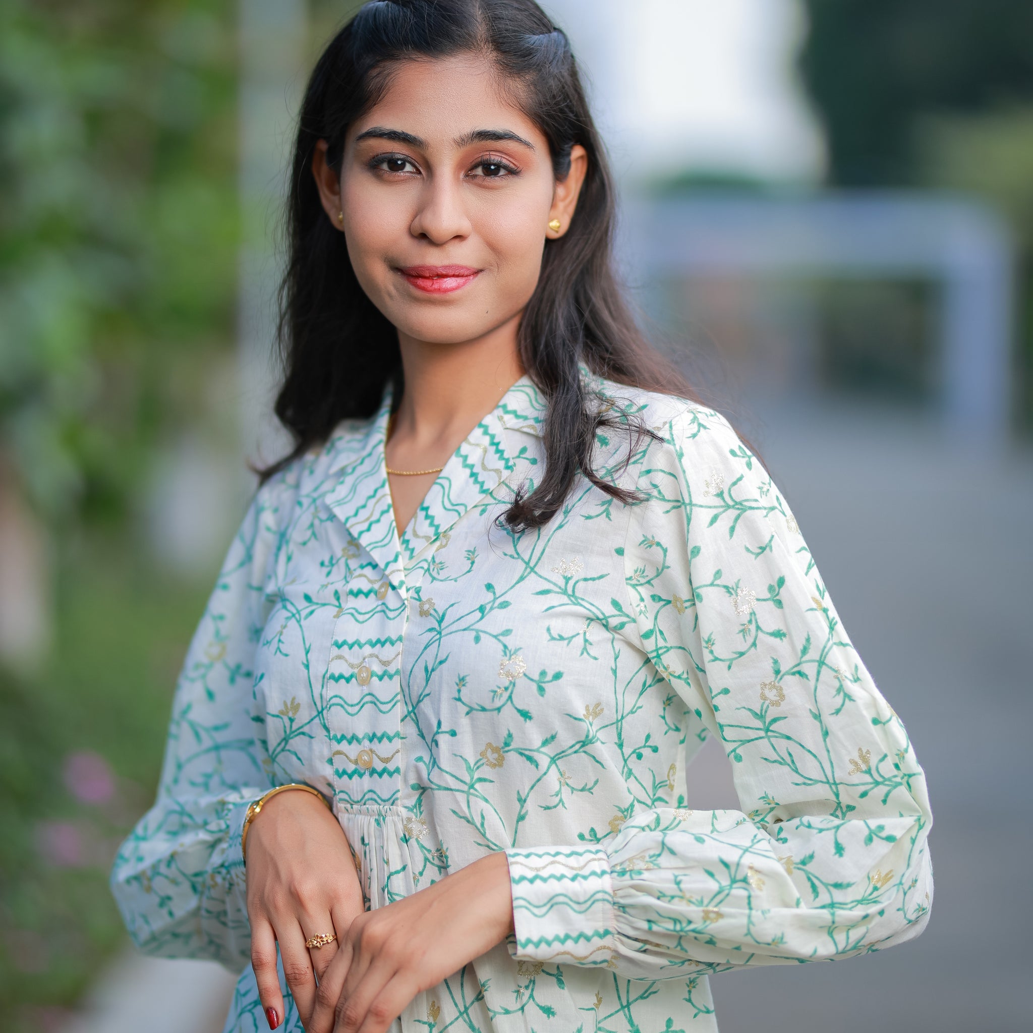 Ivory Green Floral Pintuck Kurti with Pant