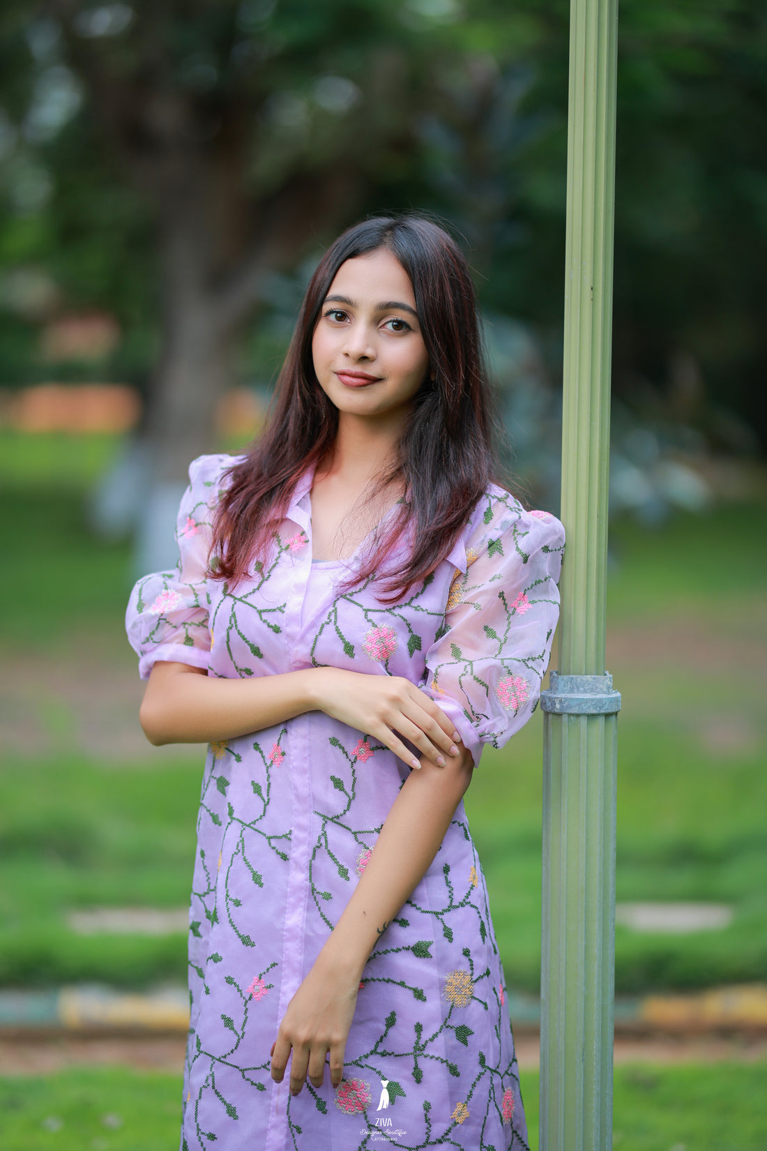 Pink Floral Kutch Embroidered Organza Top