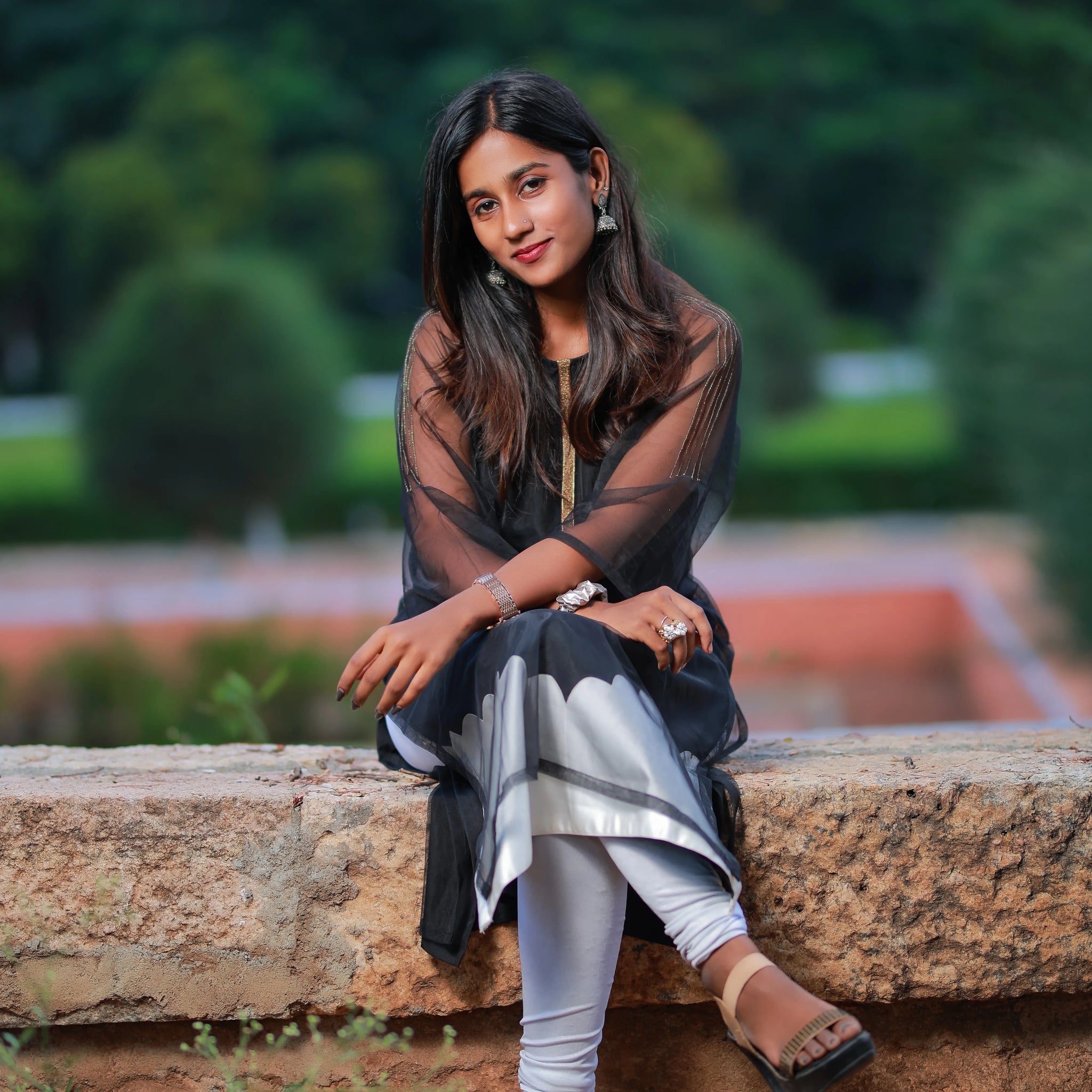 Black Organza Kurti with Metallic Wave Hem
