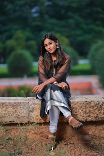 Black Organza Kurti with Metallic Wave Hem