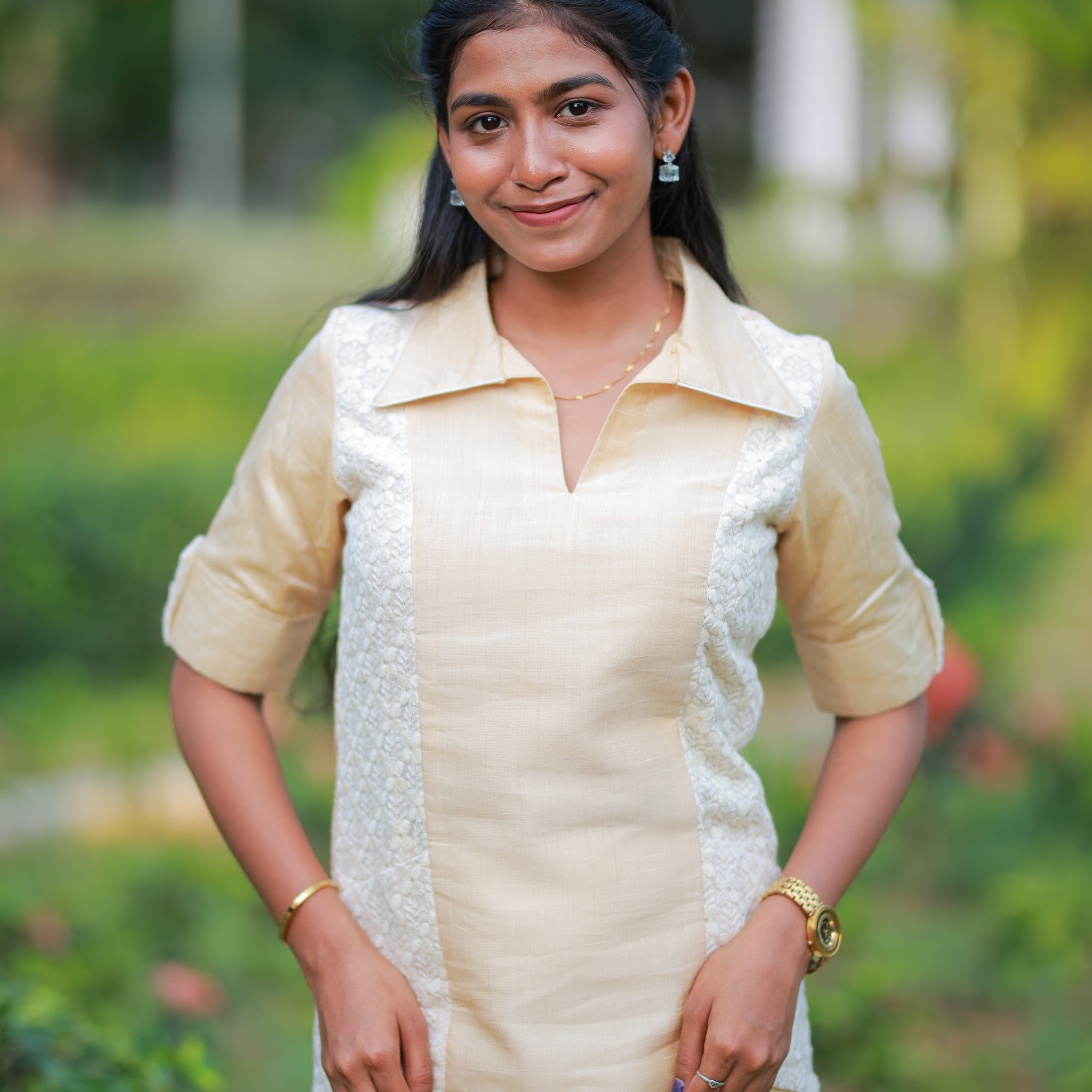Champagne Gold Cotton Kurti with Embroidered Panels