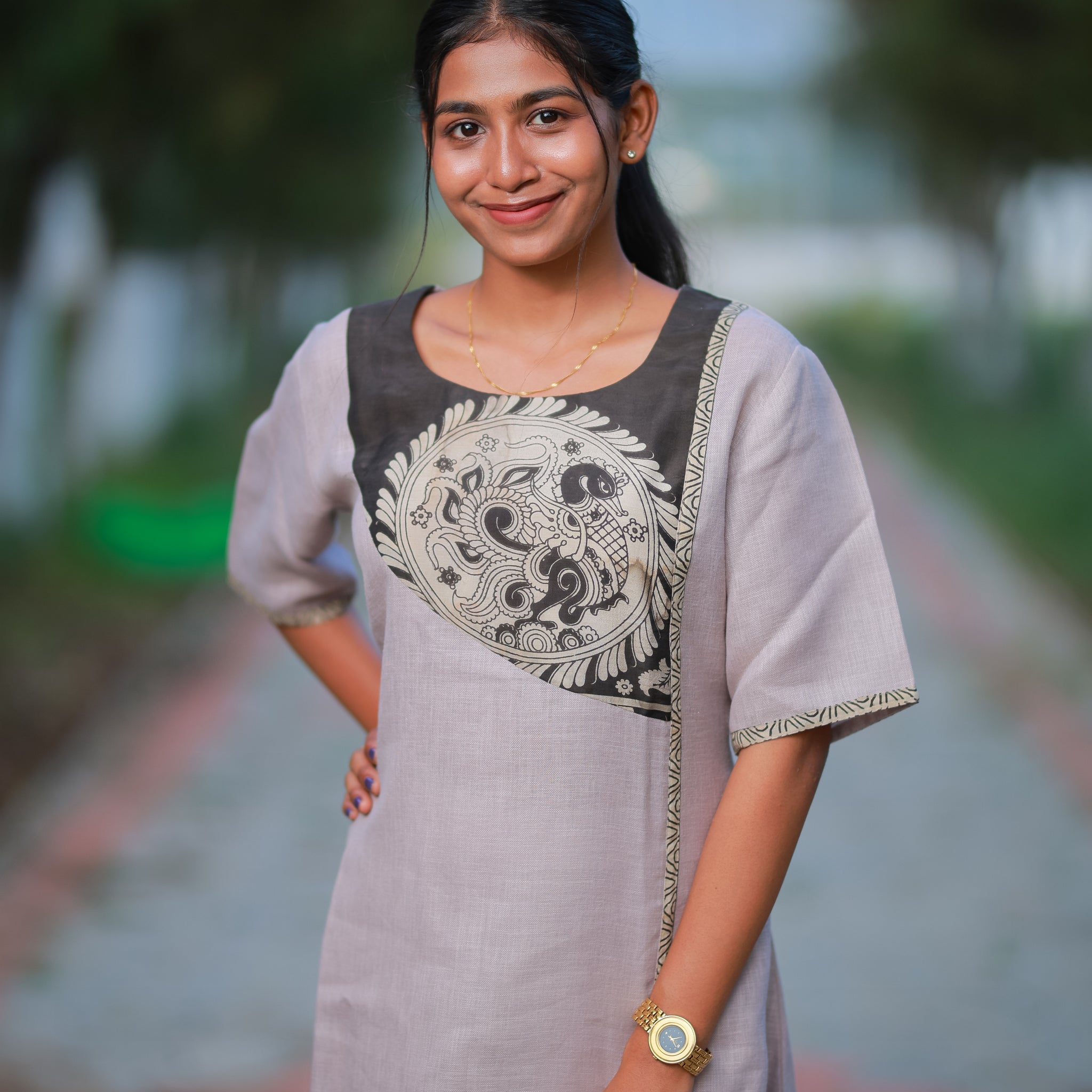 Dusky Beige Kalamkari Panel Kurti