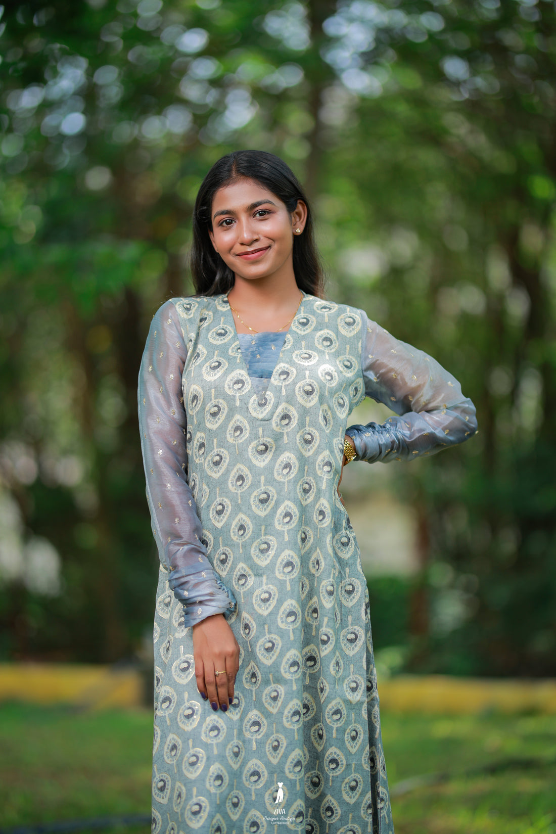 Grey Ethnic Motif a line Kurthi with Sheer Organza Sleeves