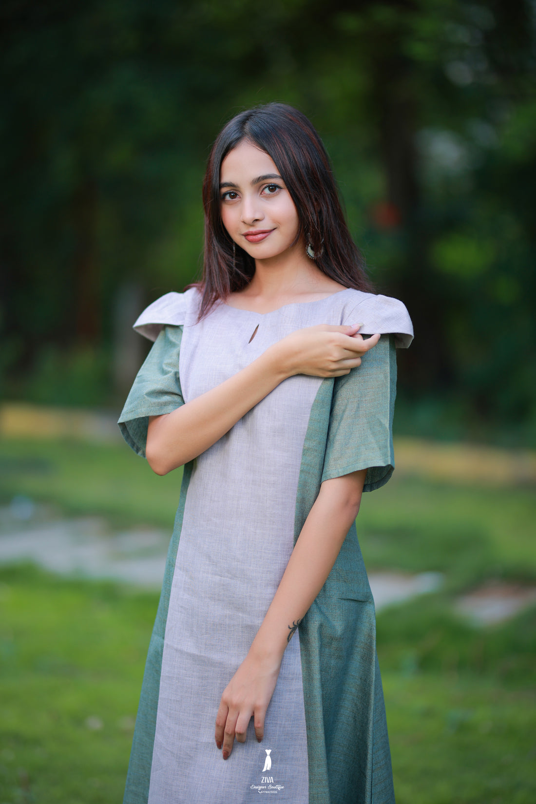 Sage Green & Grey Colorblock Flared Kurti Dress