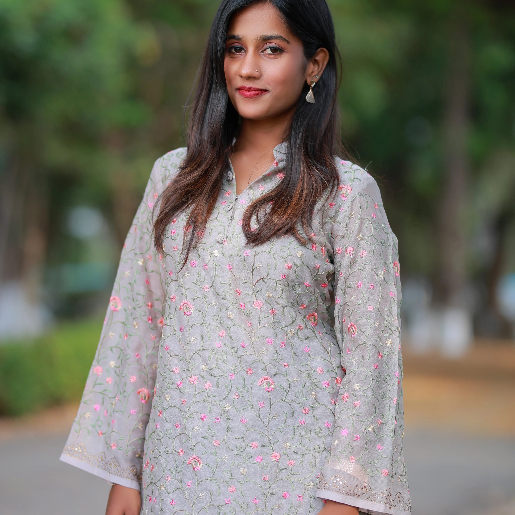 Georgette Embroidered Chinese Collar Top with Straight Pant