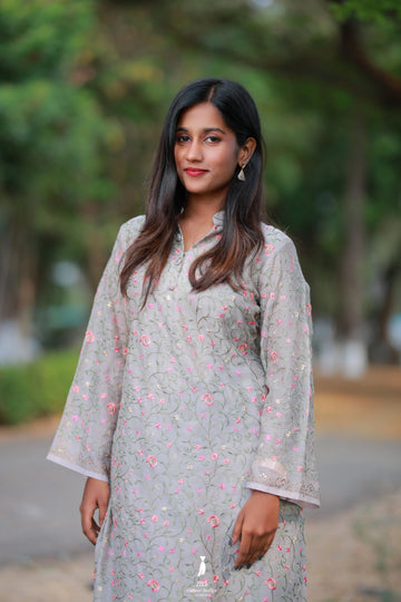 Georgette Embroidered Chinese Collar Top with Straight Pant