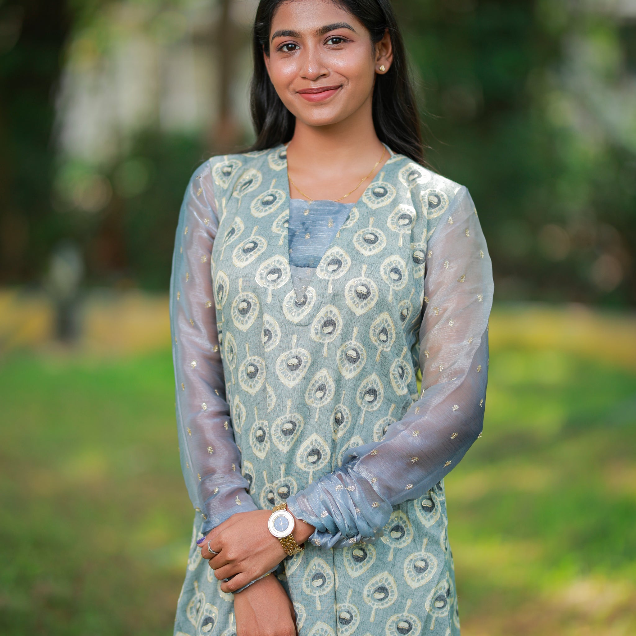 Grey Ethnic Motif a line Kurthi with Sheer Organza Sleeves