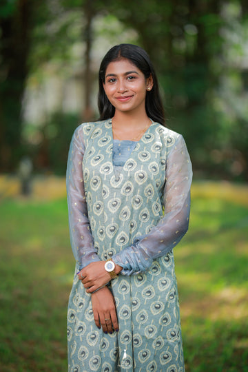 Grey Ethnic Motif a line Kurthi with Sheer Organza Sleeves