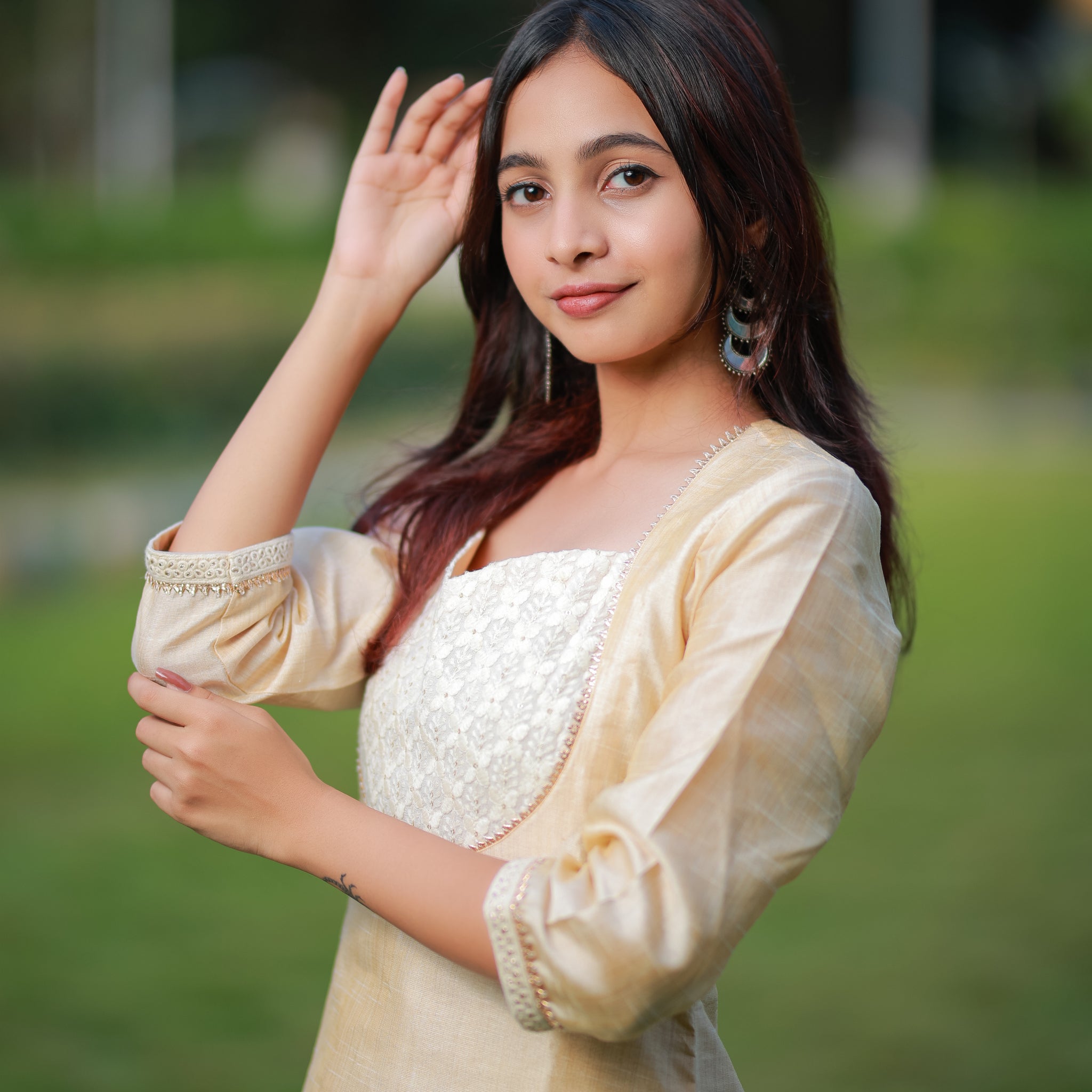Pearl Beige Embroidered Yoke Kurti