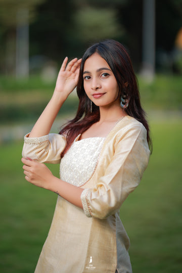 Pearl Beige Embroidered Yoke Kurti