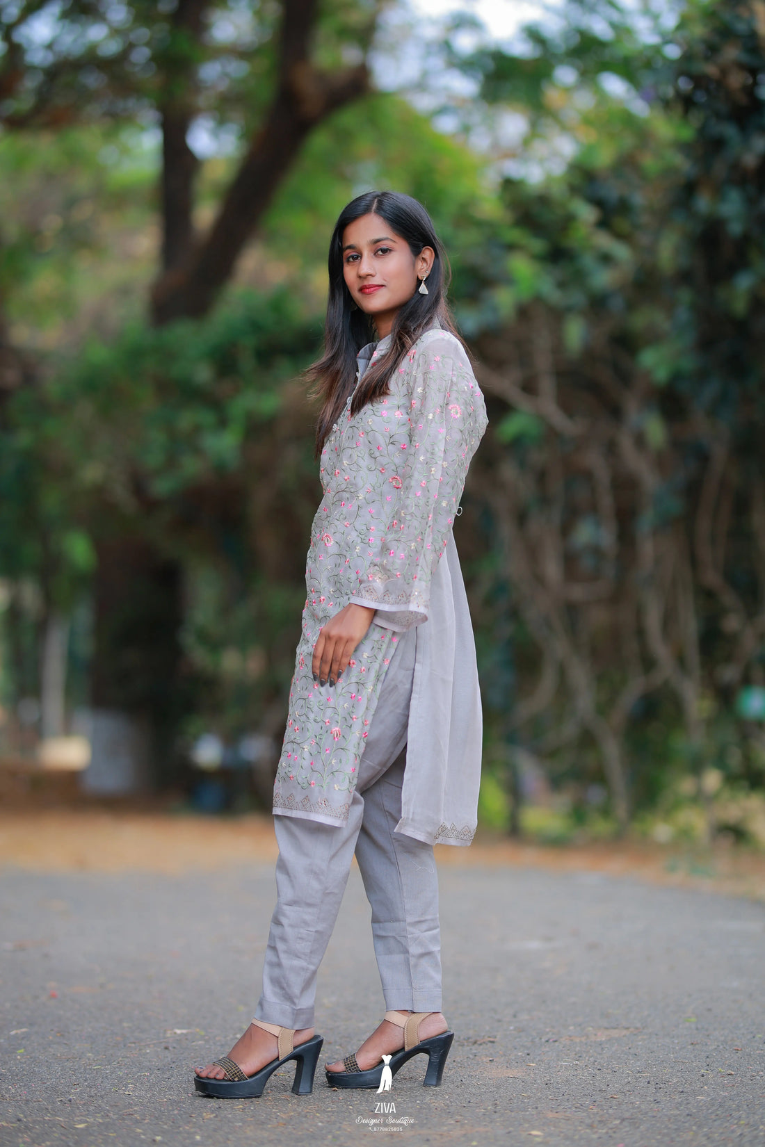 Georgette Embroidered Chinese Collar Top with Straight Pant