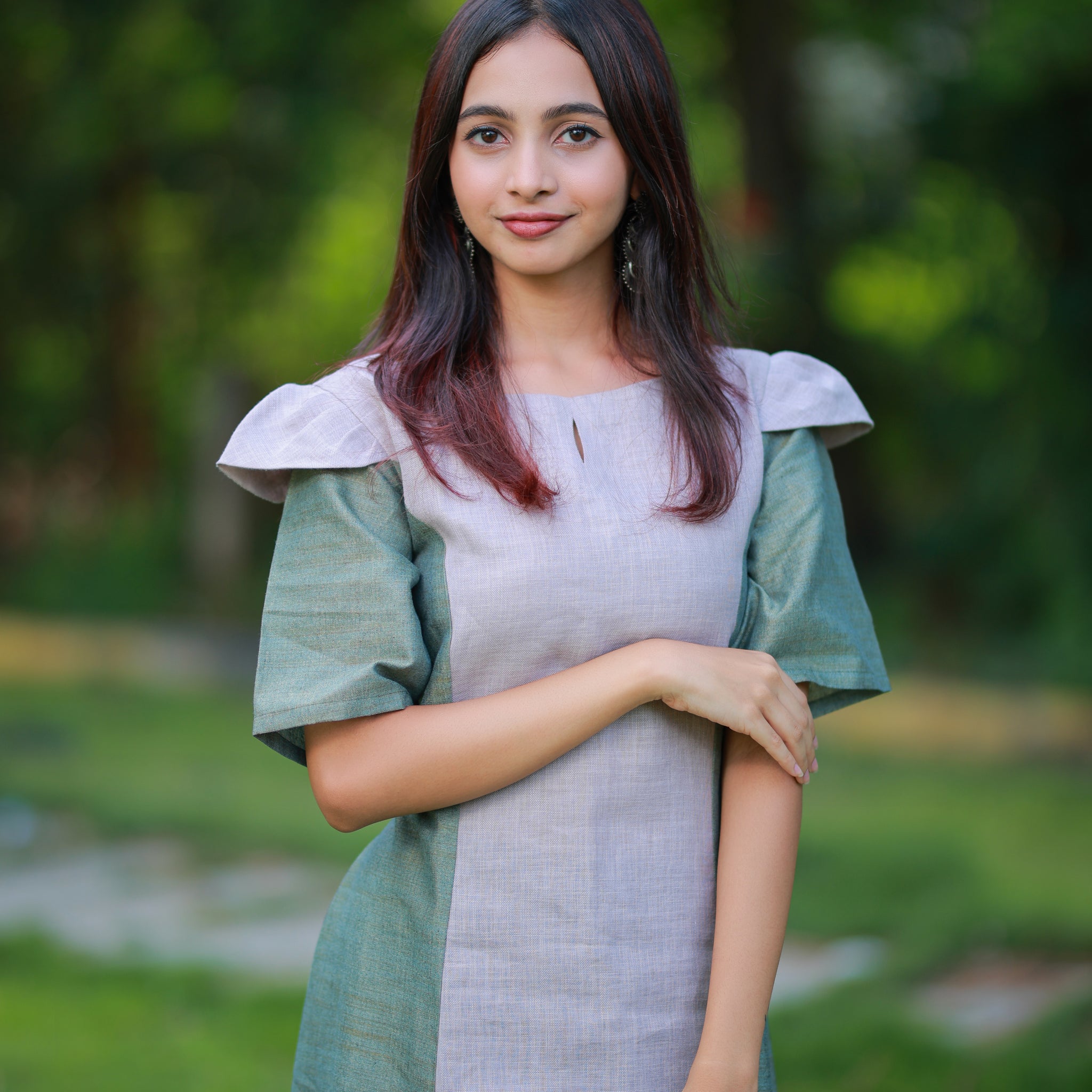Sage Green & Grey Colorblock Flared Kurti Dress